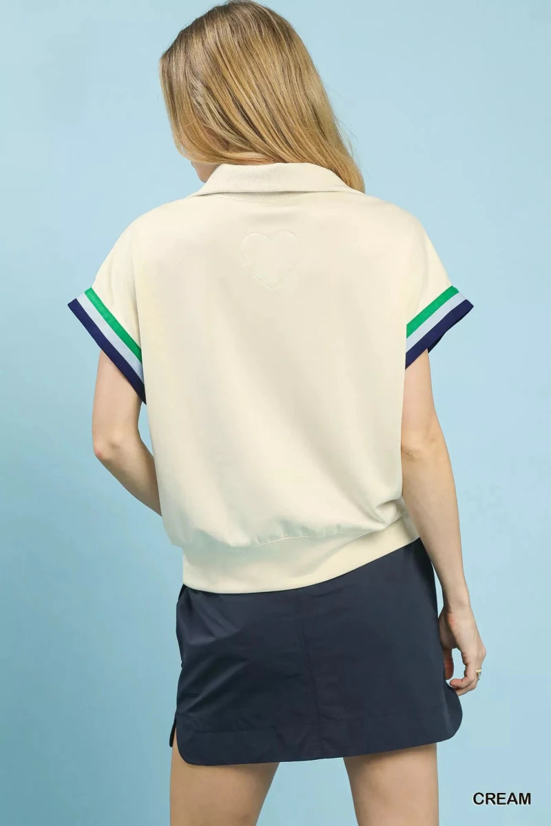 Umgee Zip Front Casual Top with Contrast Stripe Trim - 