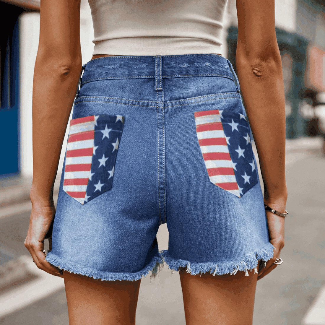 US Flag Distressed Denim Shorts - Bottoms