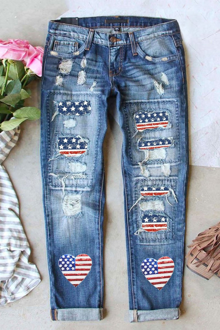 US Flag Distressed Straight Jeans - Bottoms