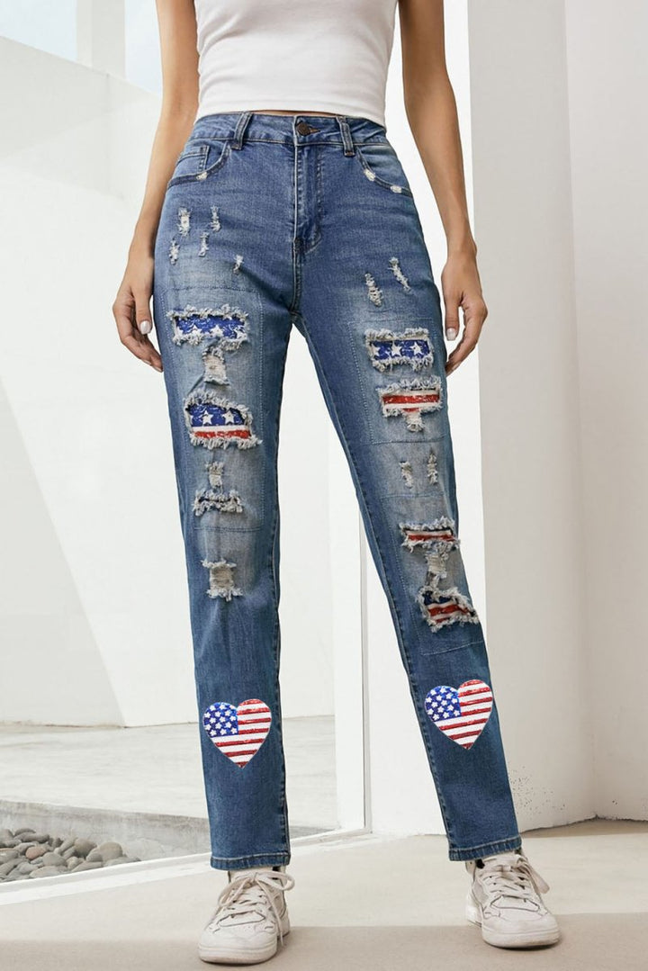 US Flag Distressed Straight Jeans - Bottoms