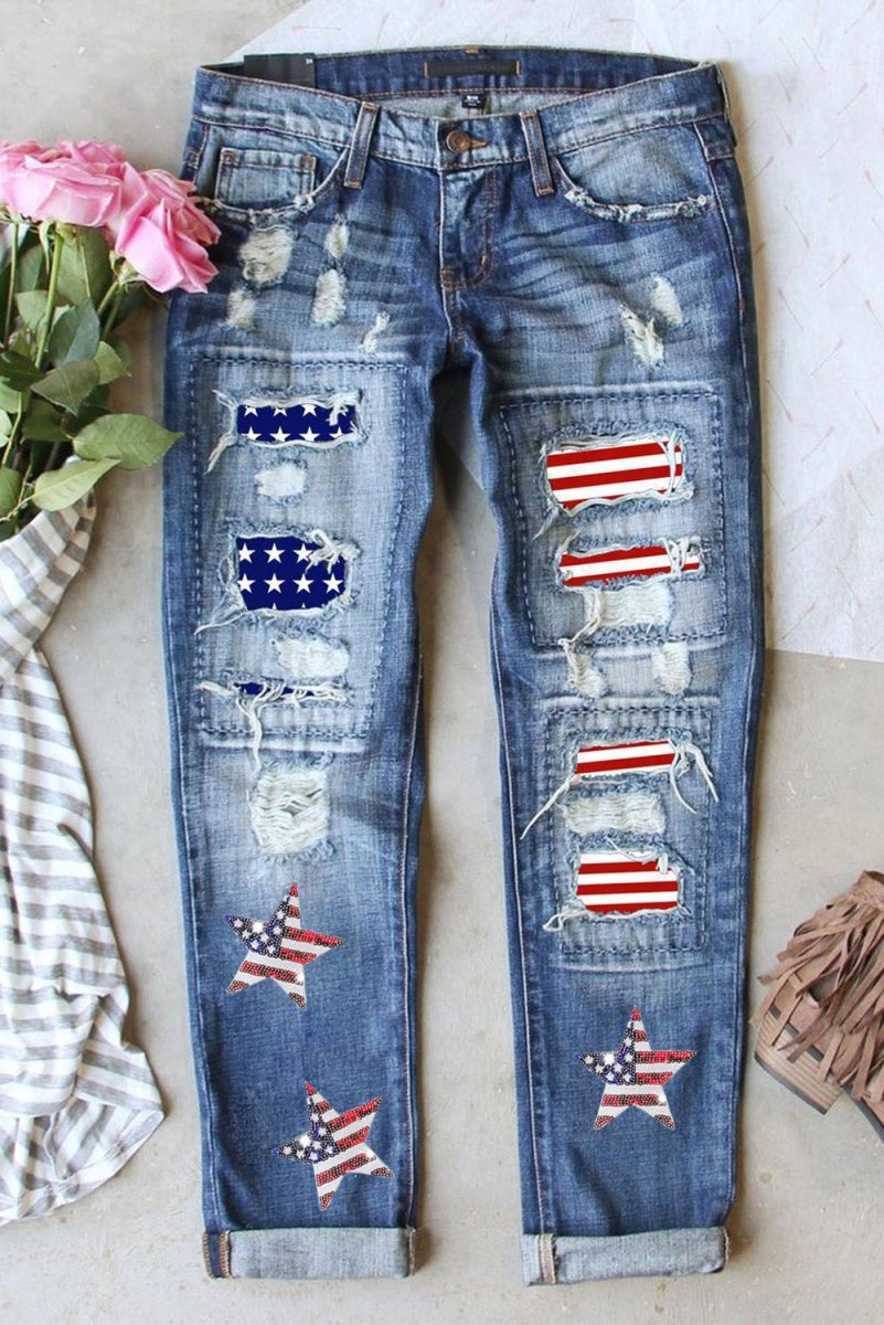 US Flag Mid - Rise Waist Straight Jeans - Bottoms