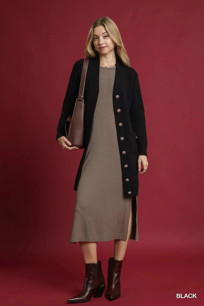 V - Neck Button - Down Longline Cardigan - 