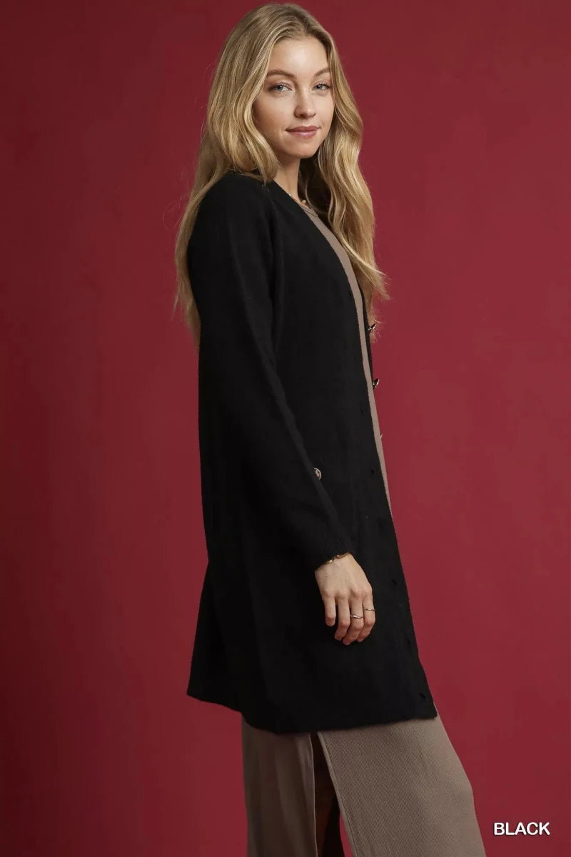 V - Neck Button - Down Longline Cardigan - 