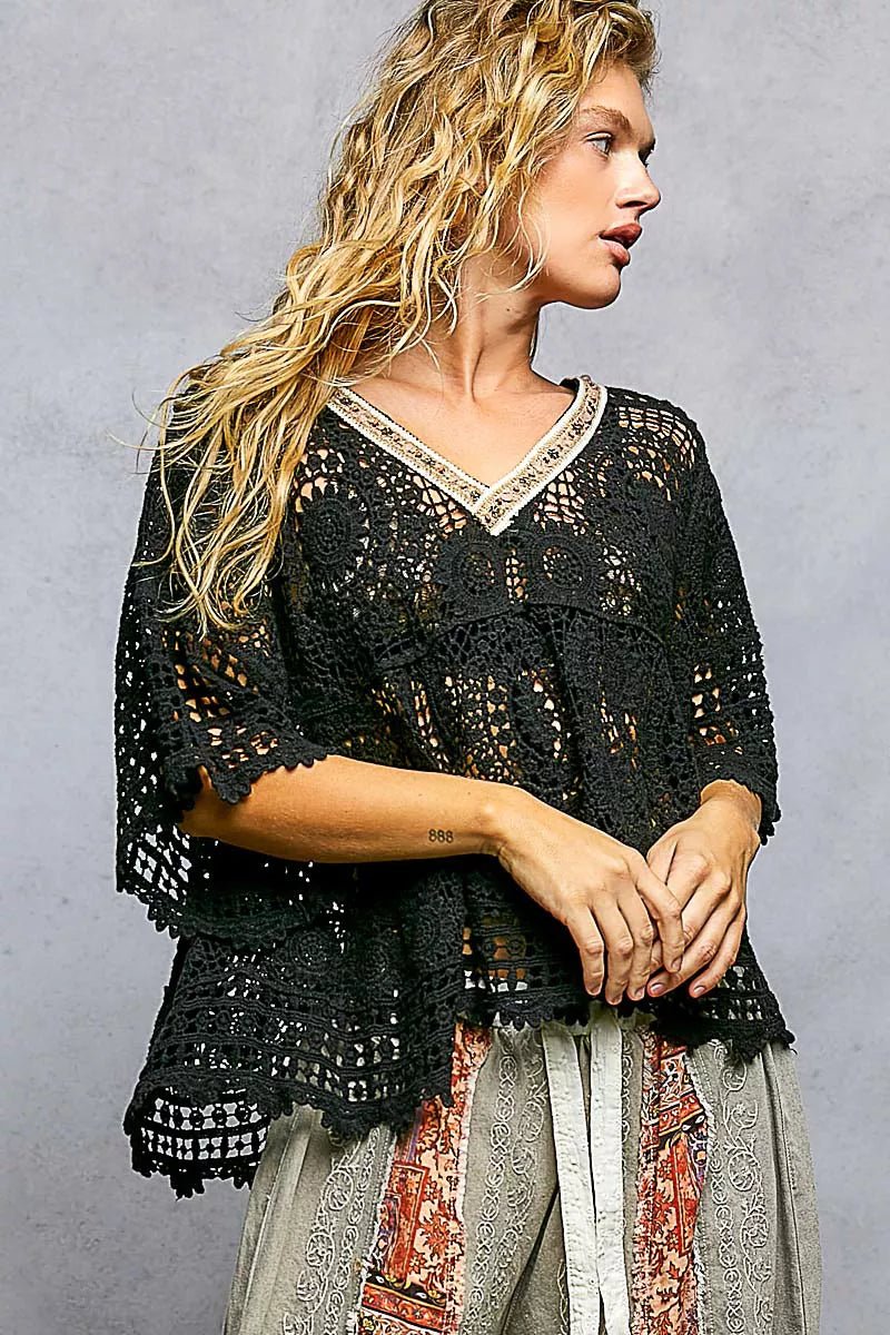 V - Neck Crochet Top with Scalloped Hem - 