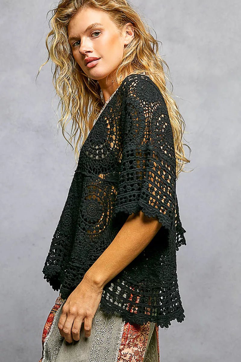 V - Neck Crochet Top with Scalloped Hem - 