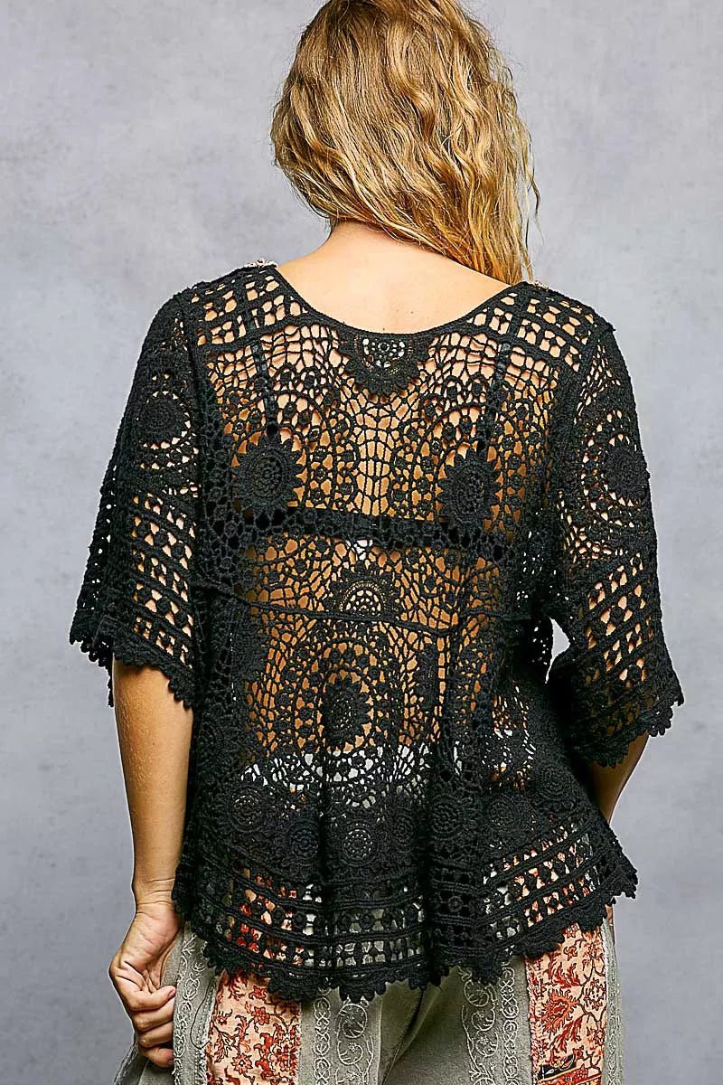 V - Neck Crochet Top with Scalloped Hem - 