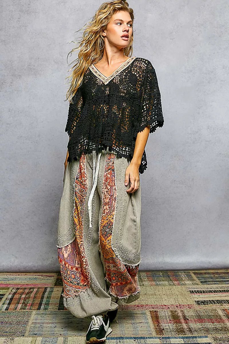 V - Neck Crochet Top with Scalloped Hem - 