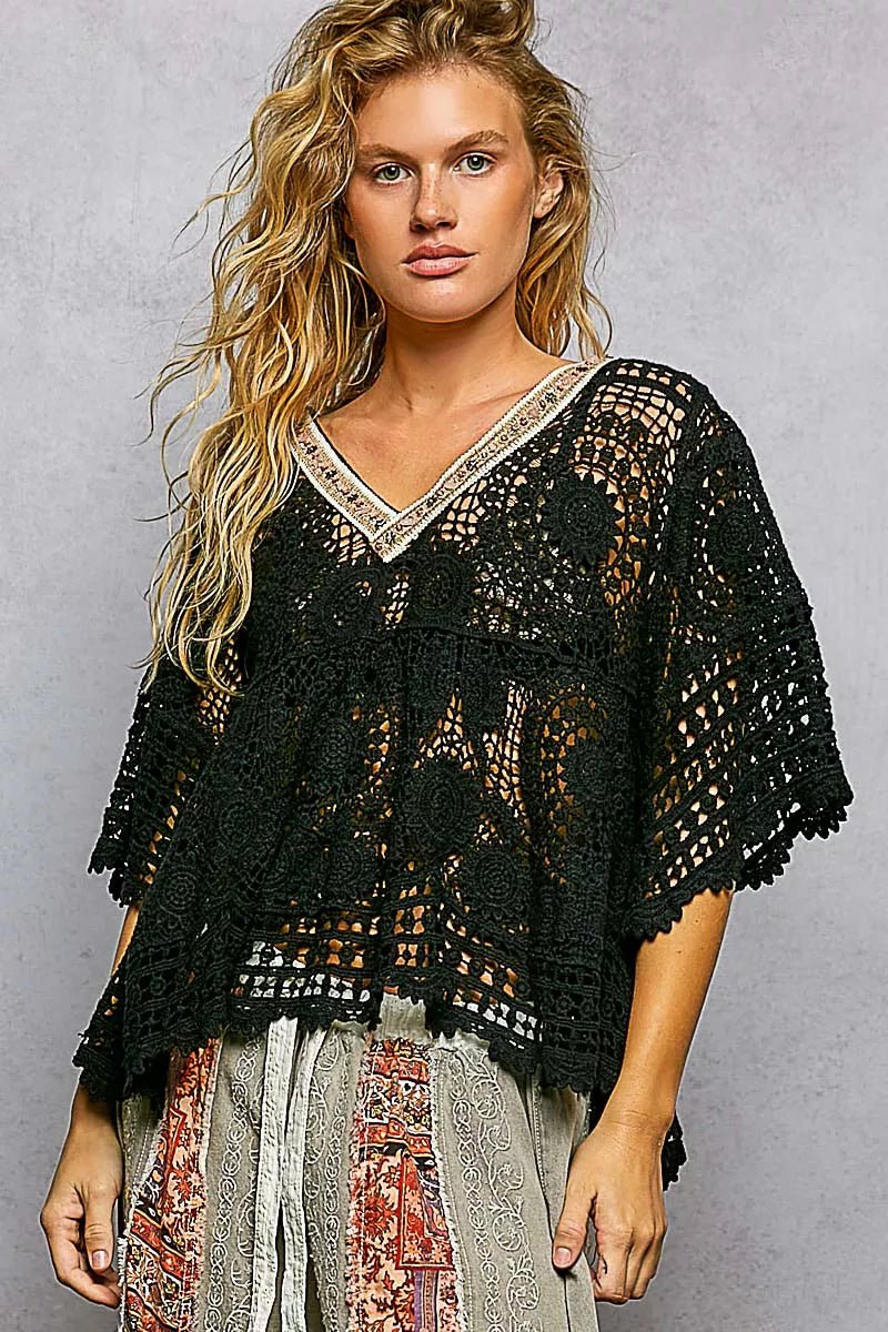 V - Neck Crochet Top with Scalloped Hem - 