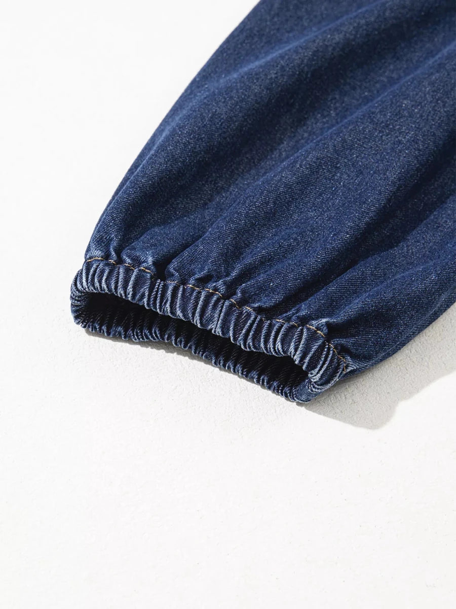 V - Neck Denim Dress with Chest Pocket - 