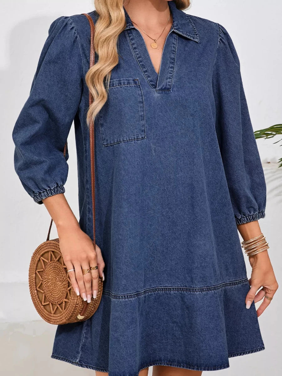 V - Neck Denim Dress with Chest Pocket - 