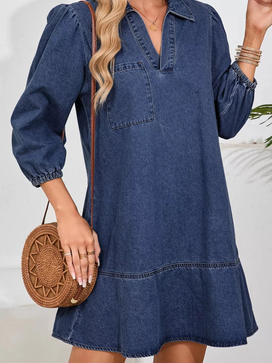 V - Neck Denim Dress with Chest Pocket - 
