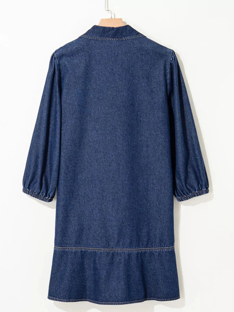 V - Neck Denim Dress with Chest Pocket - 