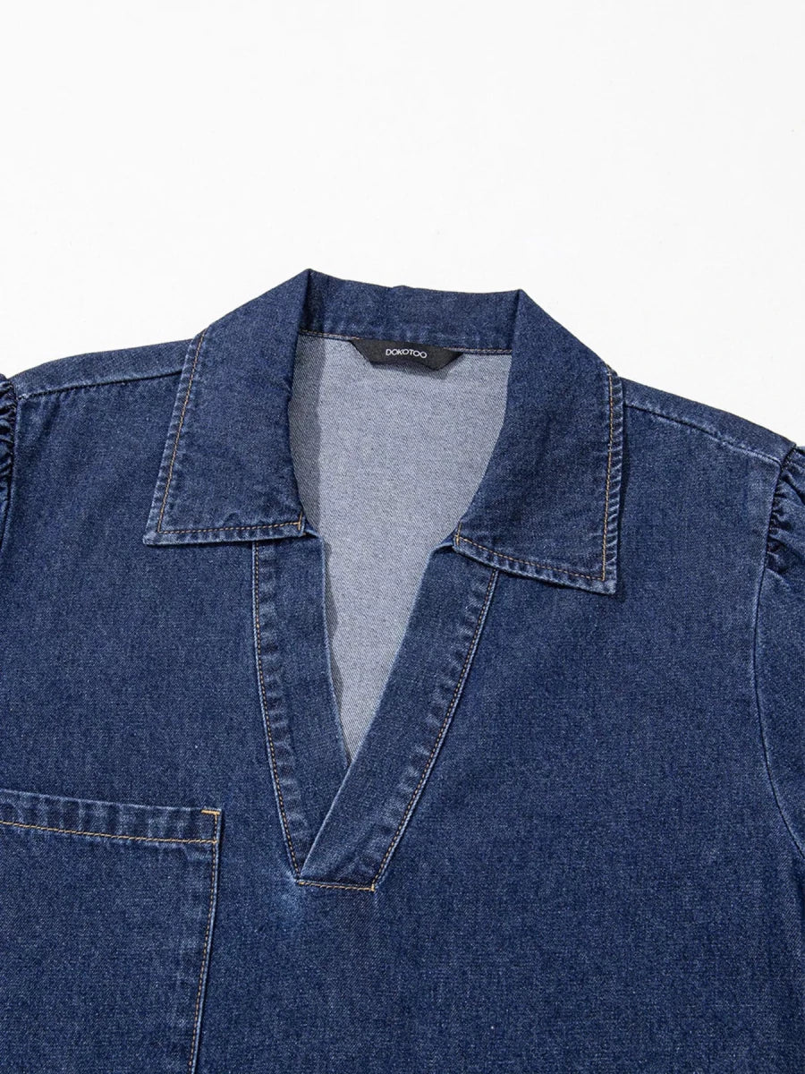 V - Neck Denim Dress with Chest Pocket - 