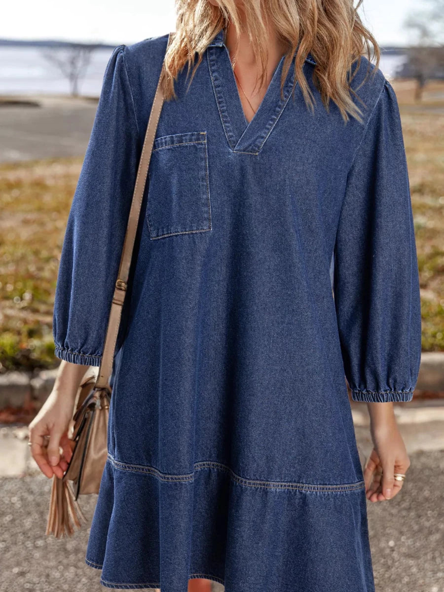 V - Neck Denim Dress with Chest Pocket - 