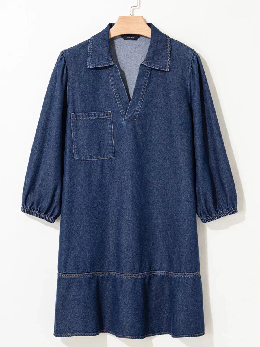 V - Neck Denim Dress with Chest Pocket - 
