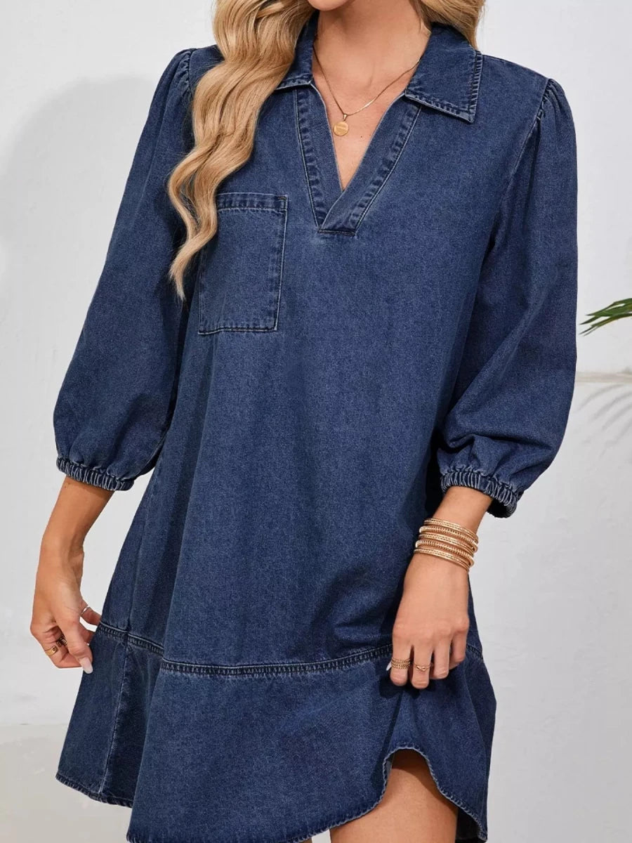 V - Neck Denim Dress with Chest Pocket - 