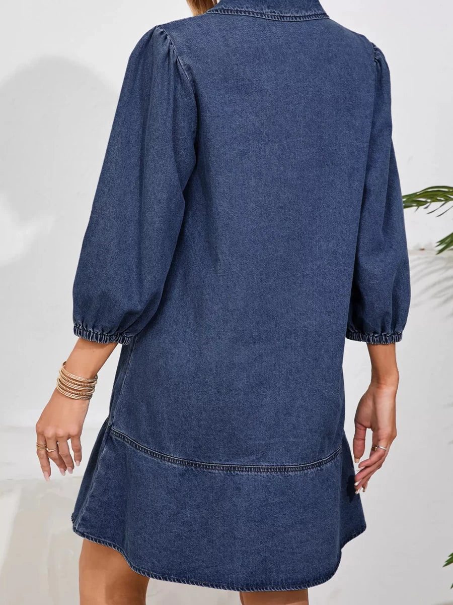 V - Neck Denim Dress with Chest Pocket - 