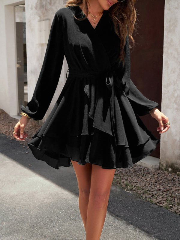 V - neck elegant long - sleeved multi - layered dress - Formal Dress