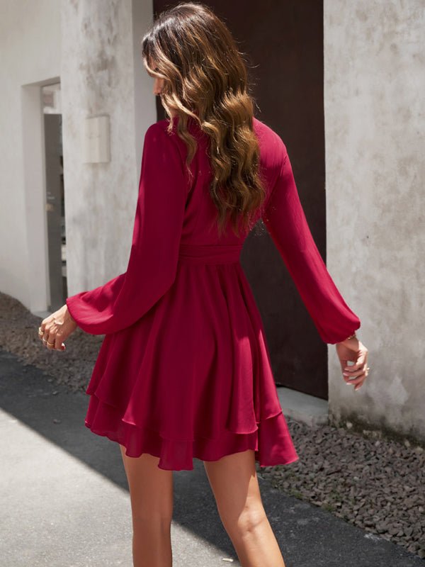 V - neck elegant long - sleeved multi - layered dress - Formal Dress