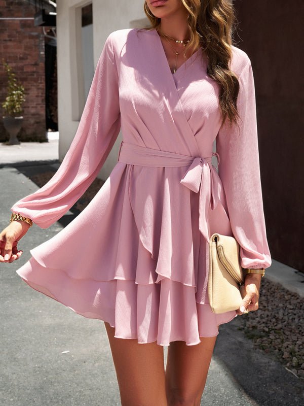 V - neck elegant long - sleeved multi - layered dress - Formal Dress