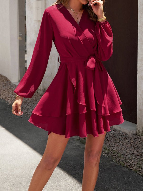 V - neck elegant long - sleeved multi - layered dress - Formal Dress