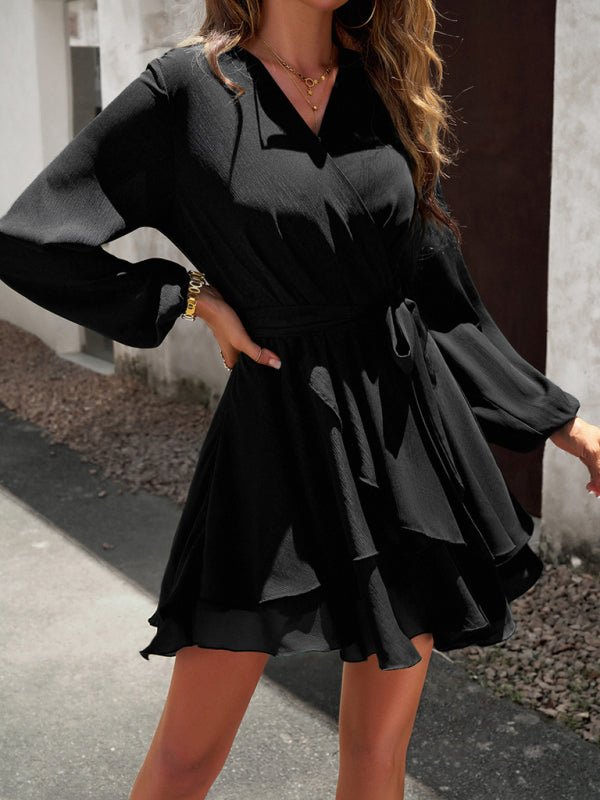 V - neck elegant long - sleeved multi - layered dress - Formal Dress