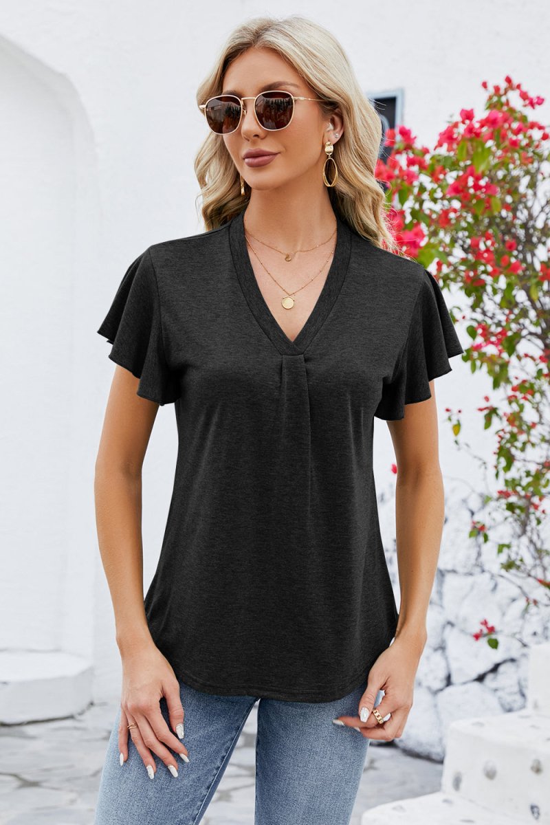 V - Neck Flutter Sleeve T-Shirt - Top