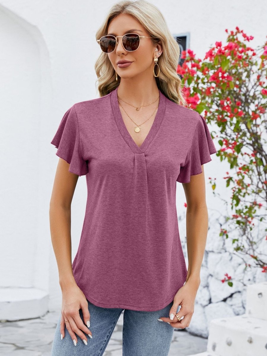 V - Neck Flutter Sleeve T-Shirt - Top