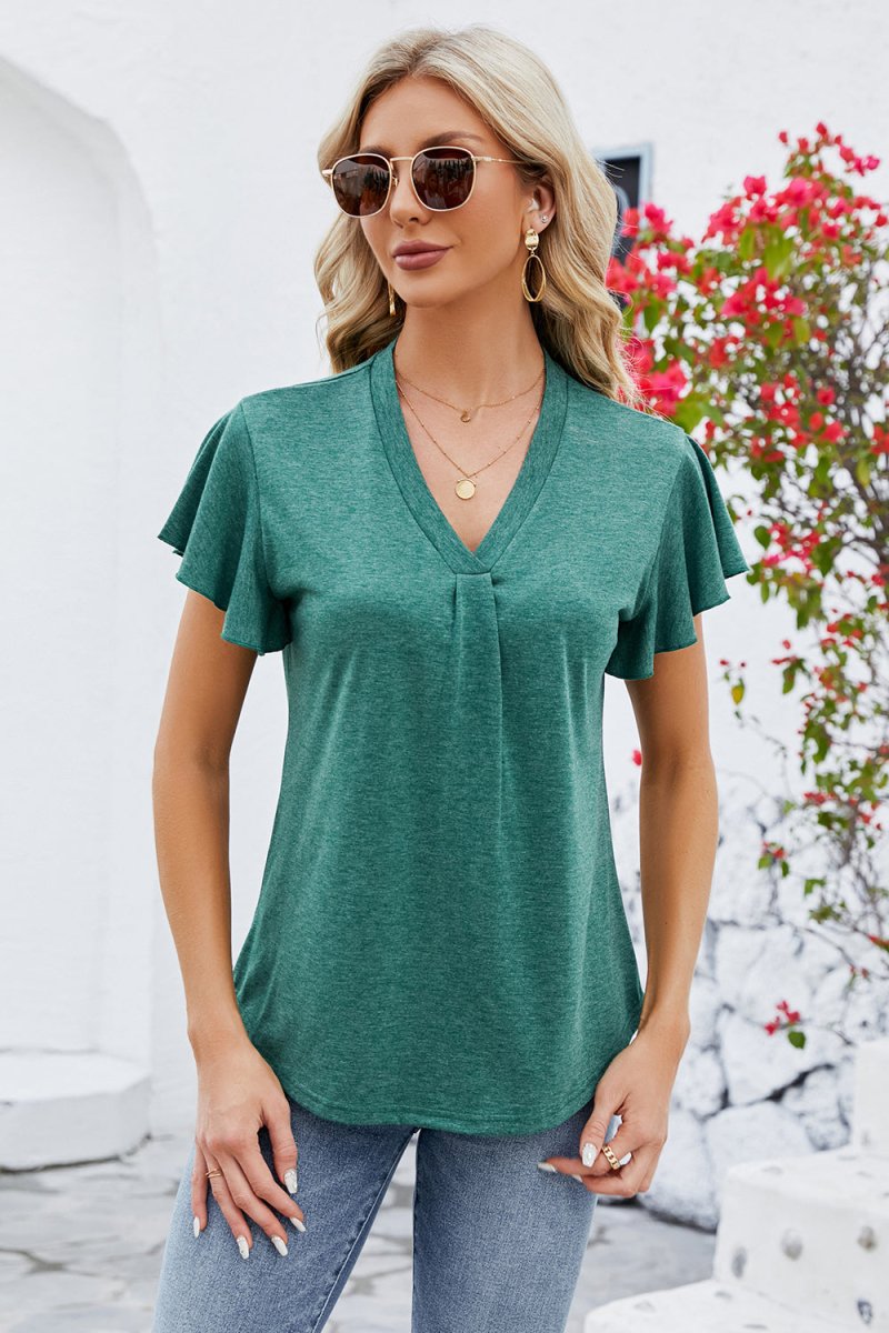 V - Neck Flutter Sleeve T-Shirt - Top
