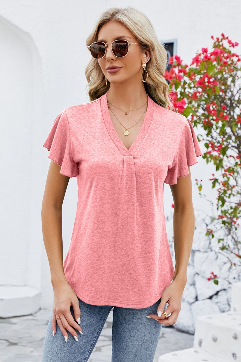 V - Neck Flutter Sleeve T-Shirt - Top