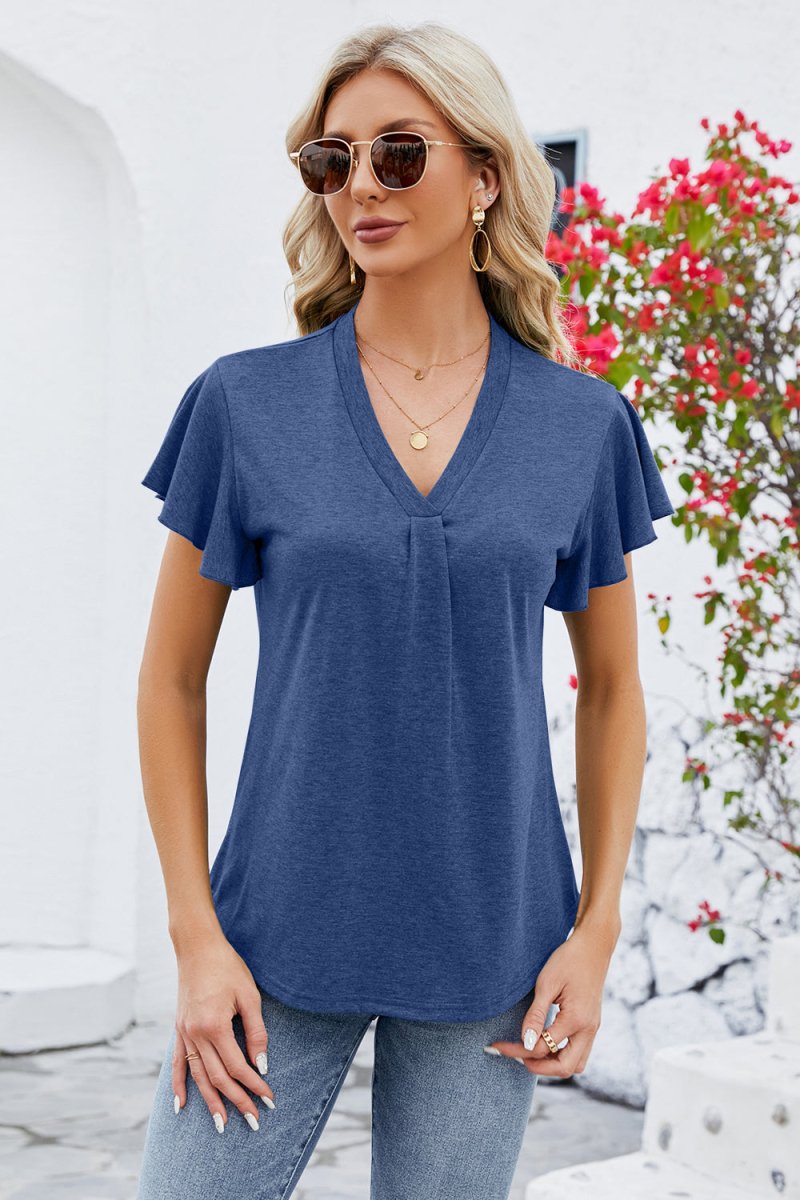 V - Neck Flutter Sleeve T-Shirt - Top