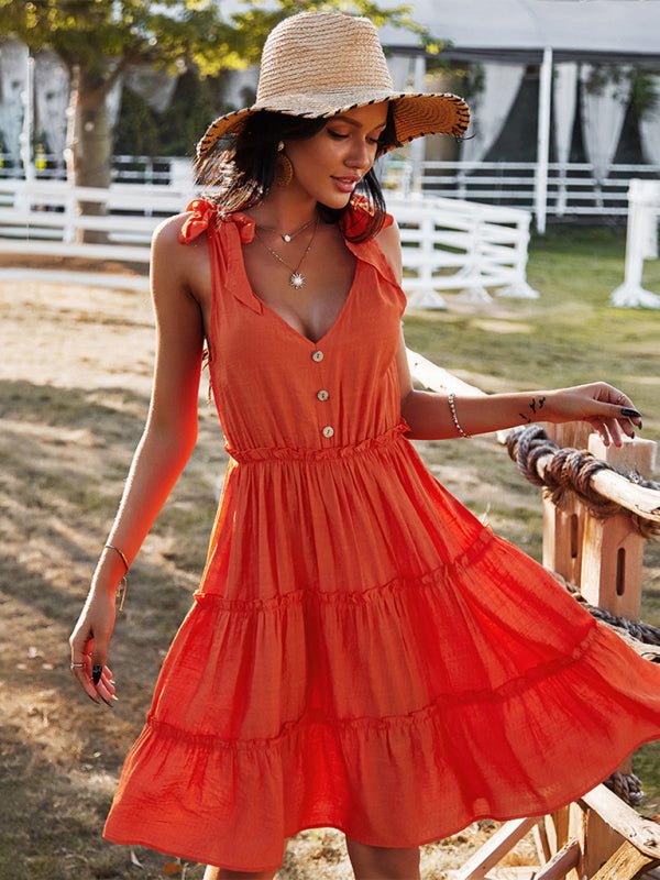 V - neck sexy solid color A - line skirt casual vacation women's dress - Vacation Dress