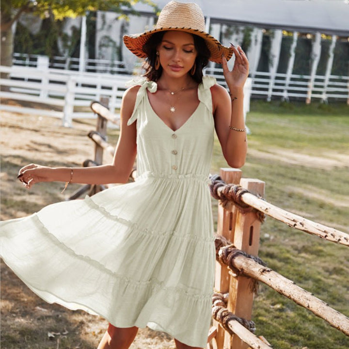 V - neck sexy solid color A - line skirt casual vacation women's dress - Vacation Dress