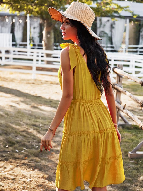 V - neck sexy solid color A - line skirt casual vacation women's dress - Vacation Dress