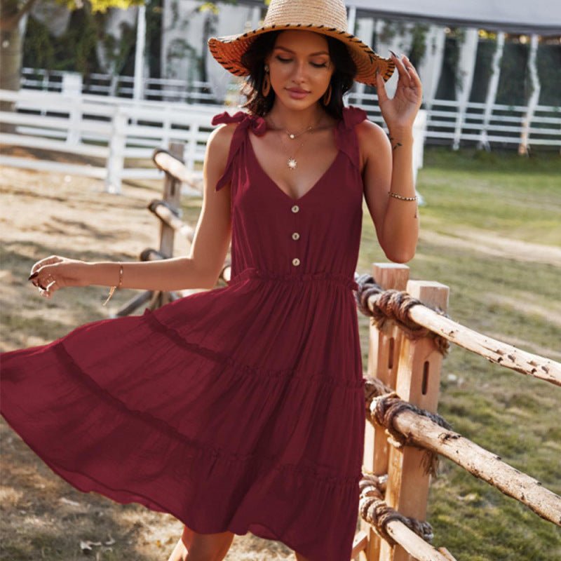 V - neck sexy solid color A - line skirt casual vacation women's dress - Vacation Dress