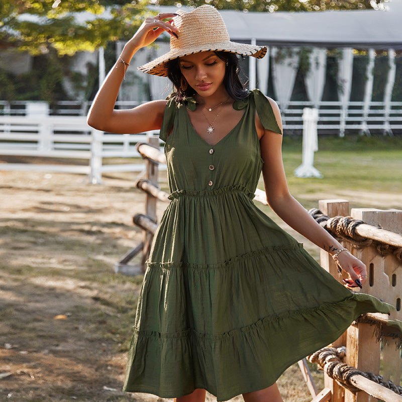 V - neck sexy solid color A - line skirt casual vacation women's dress - Vacation Dress