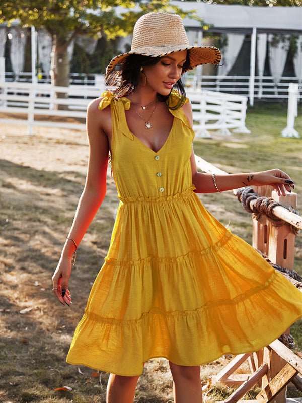 V - neck sexy solid color A - line skirt casual vacation women's dress - Vacation Dress