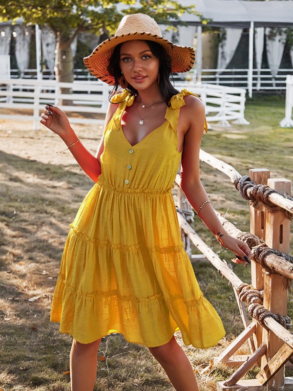 V - neck sexy solid color A - line skirt casual vacation women's dress - Vacation Dress