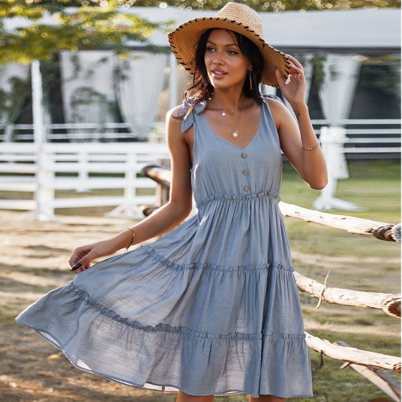 V - neck sexy solid color A - line skirt casual vacation women's dress - Vacation Dress