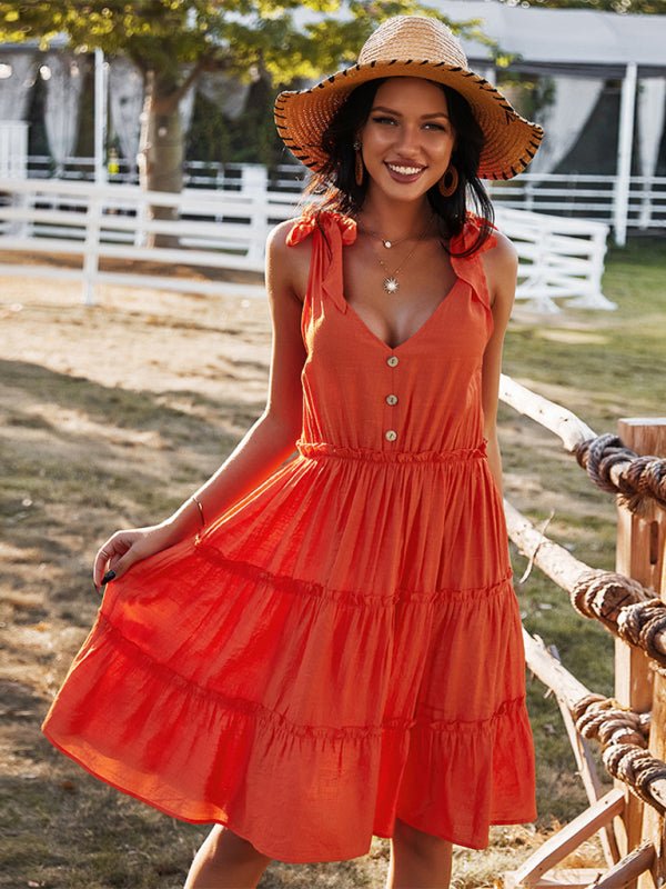 V - neck sexy solid color A - line skirt casual vacation women's dress - Vacation Dress