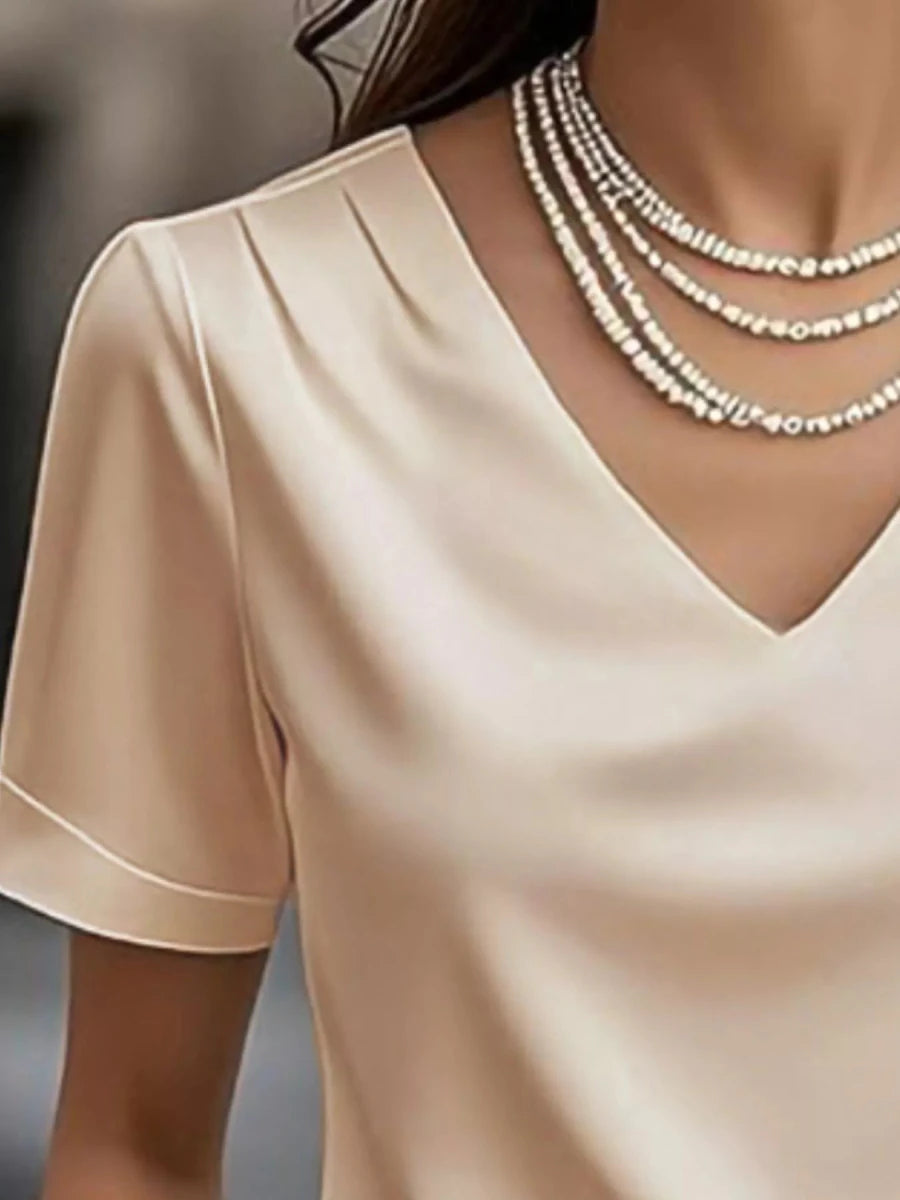 V - Neck Short Sleeve Ruched Top - 