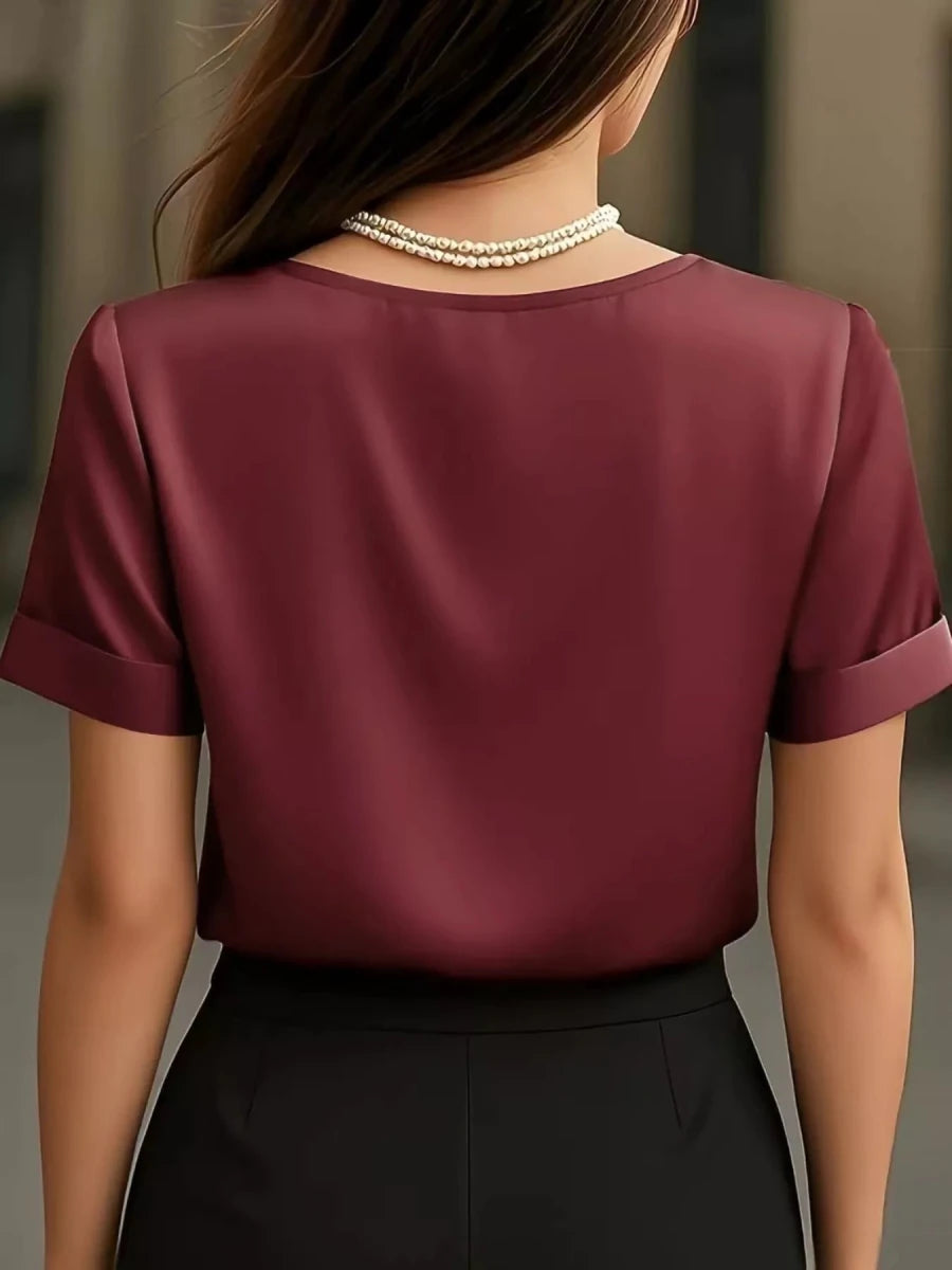 V - Neck Short Sleeve Ruched Top - 