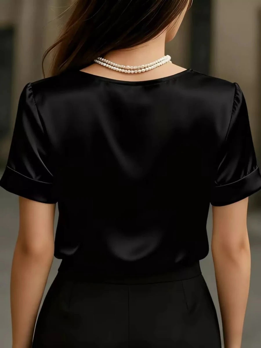 V - Neck Short Sleeve Ruched Top - 