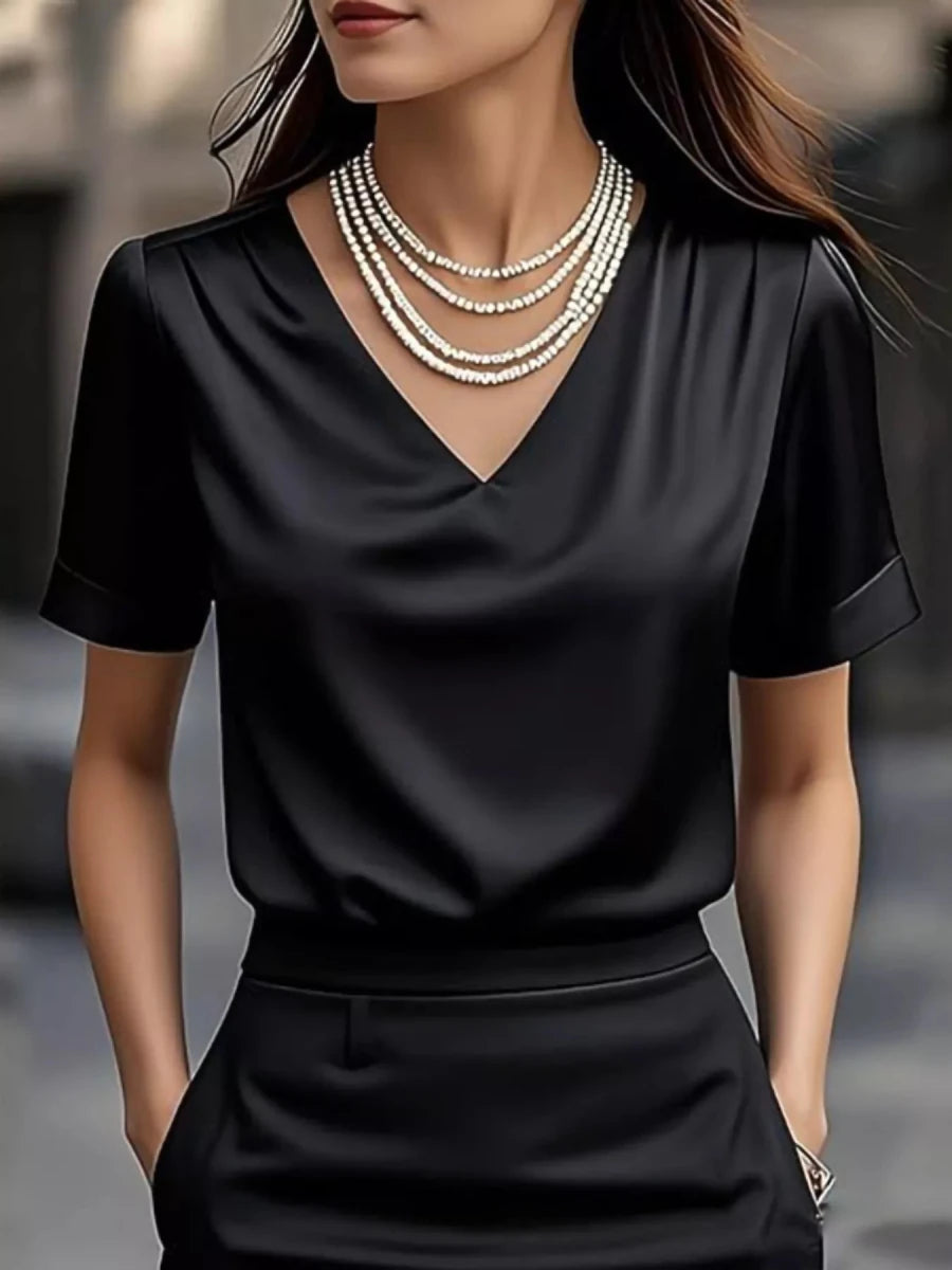V - Neck Short Sleeve Ruched Top - 