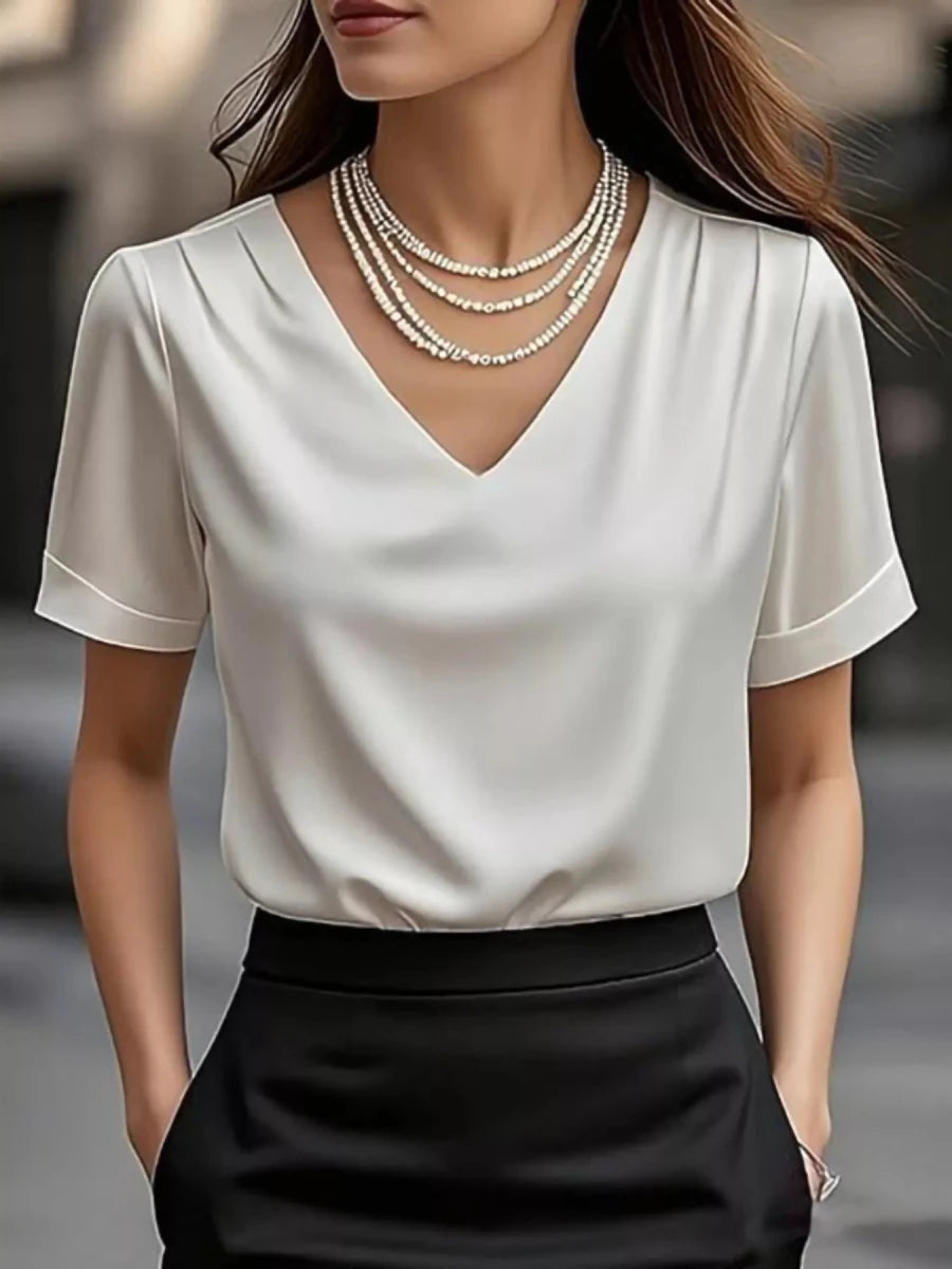 V - Neck Short Sleeve Ruched Top - 