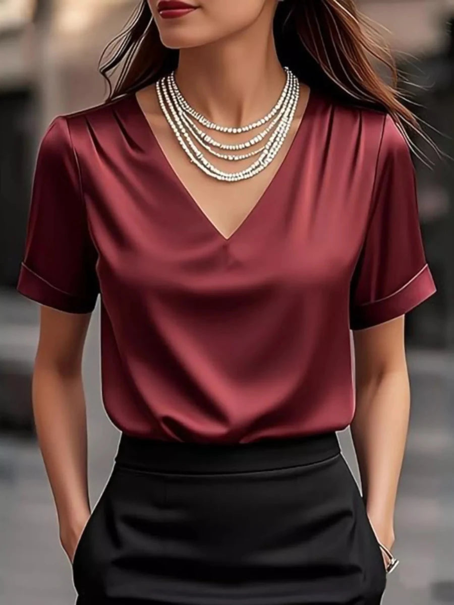 V - Neck Short Sleeve Ruched Top - 