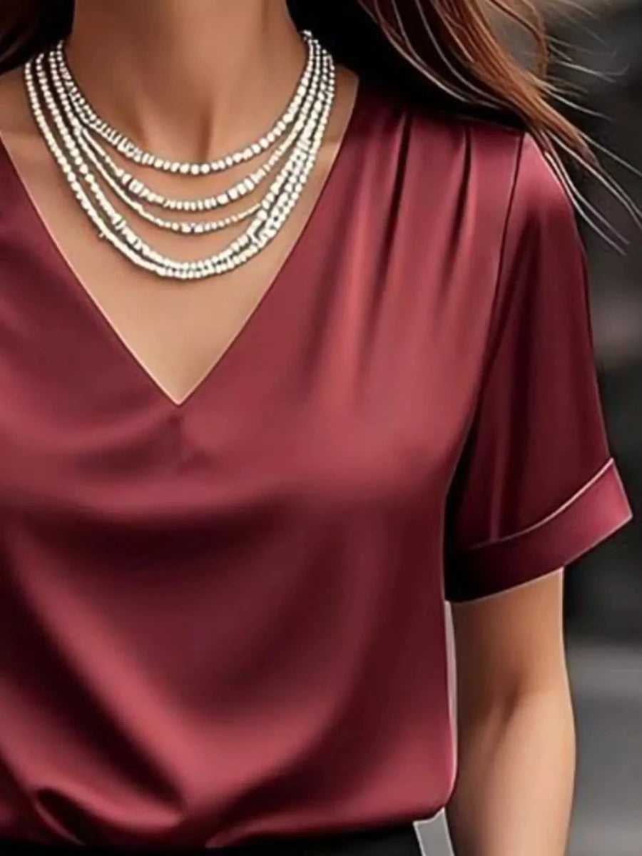 V - Neck Short Sleeve Ruched Top - 