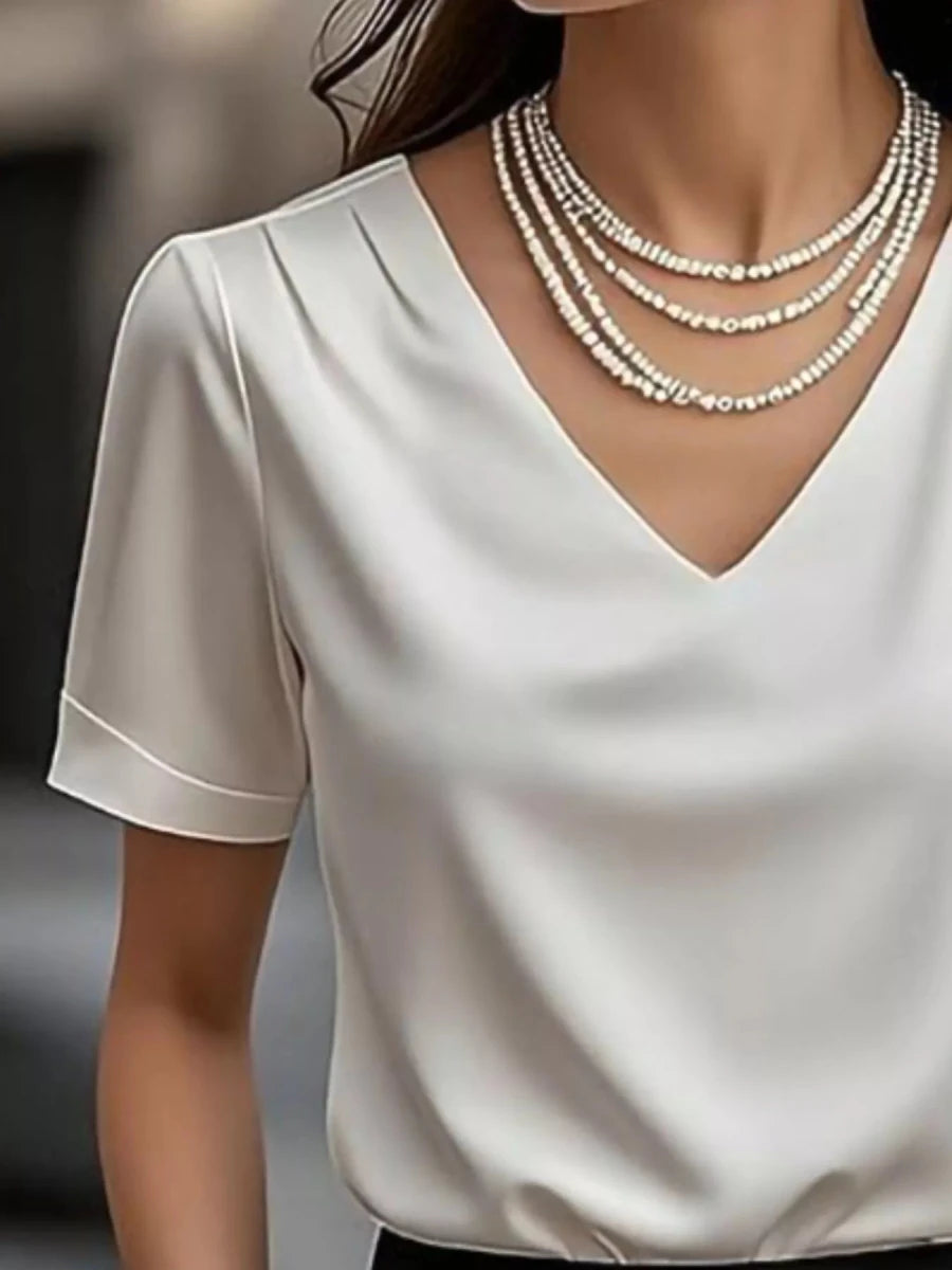 V - Neck Short Sleeve Ruched Top - 