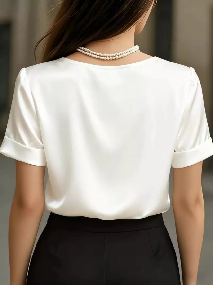 V - Neck Short Sleeve Ruched Top - 