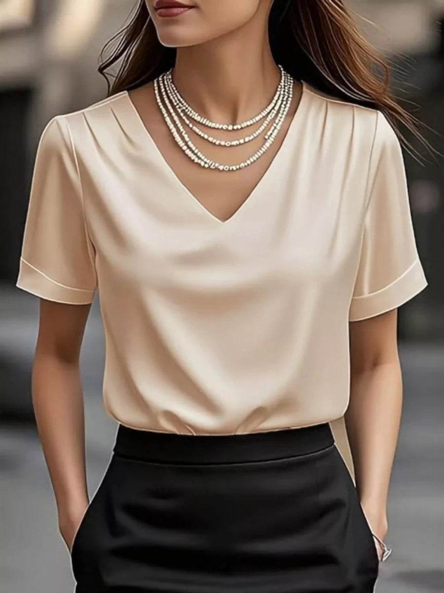 V - Neck Short Sleeve Ruched Top - 